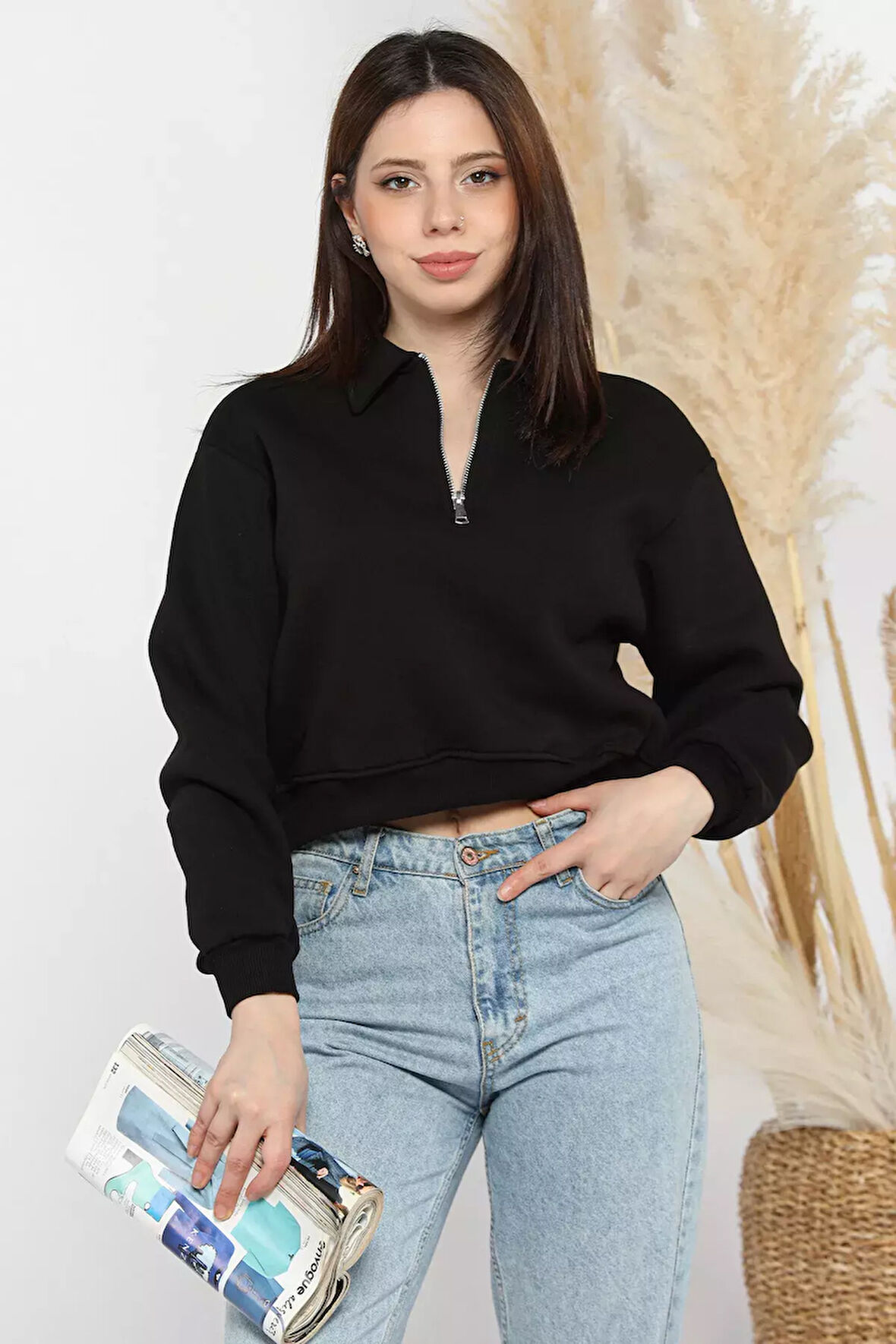 Polo Yaka Yarım Fermuarlı Üç İplik Şardonlu Sweatshirt