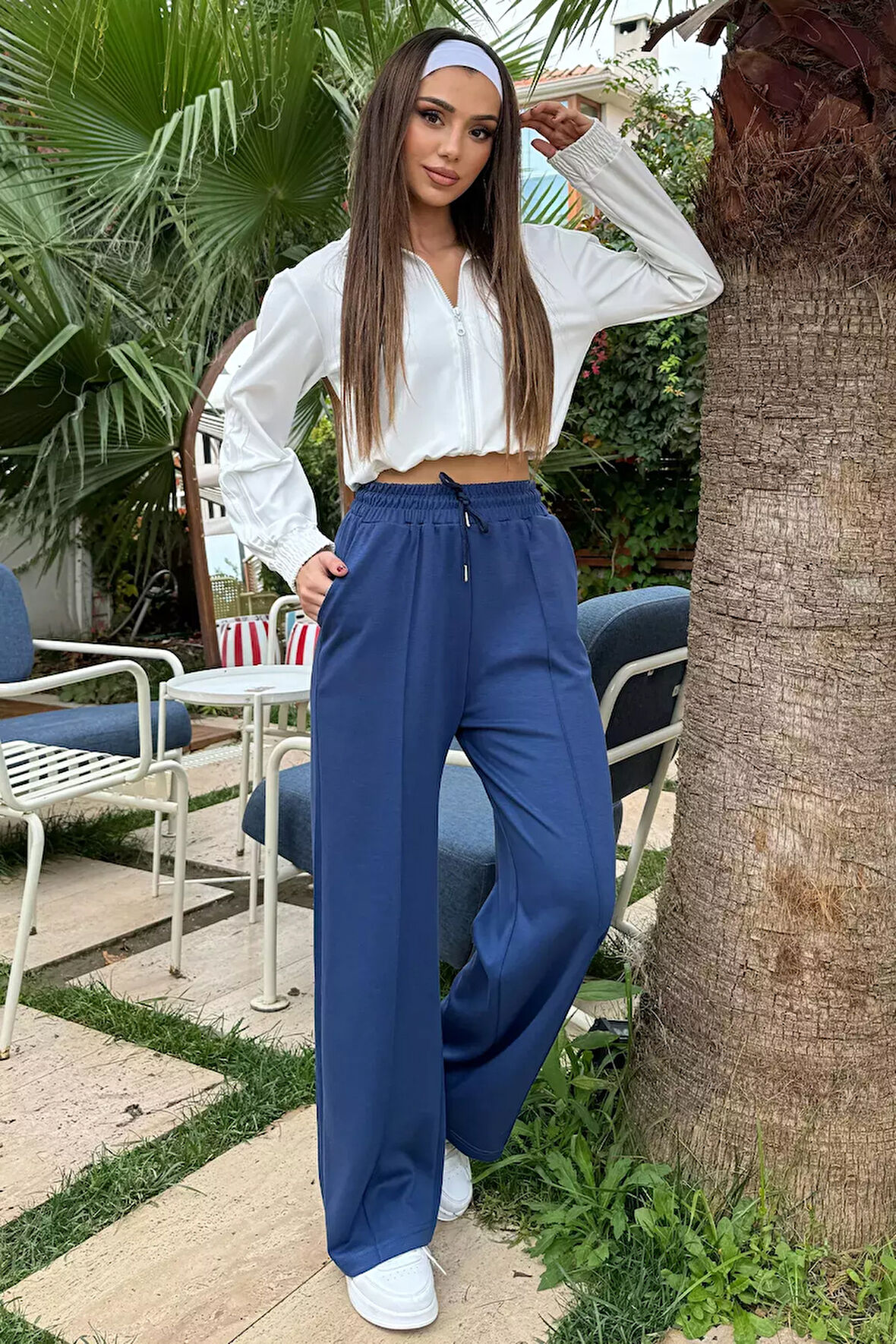 Kadın Yüksek Bel Yazı Baskılı Çimalı Bol Paça Pantolon