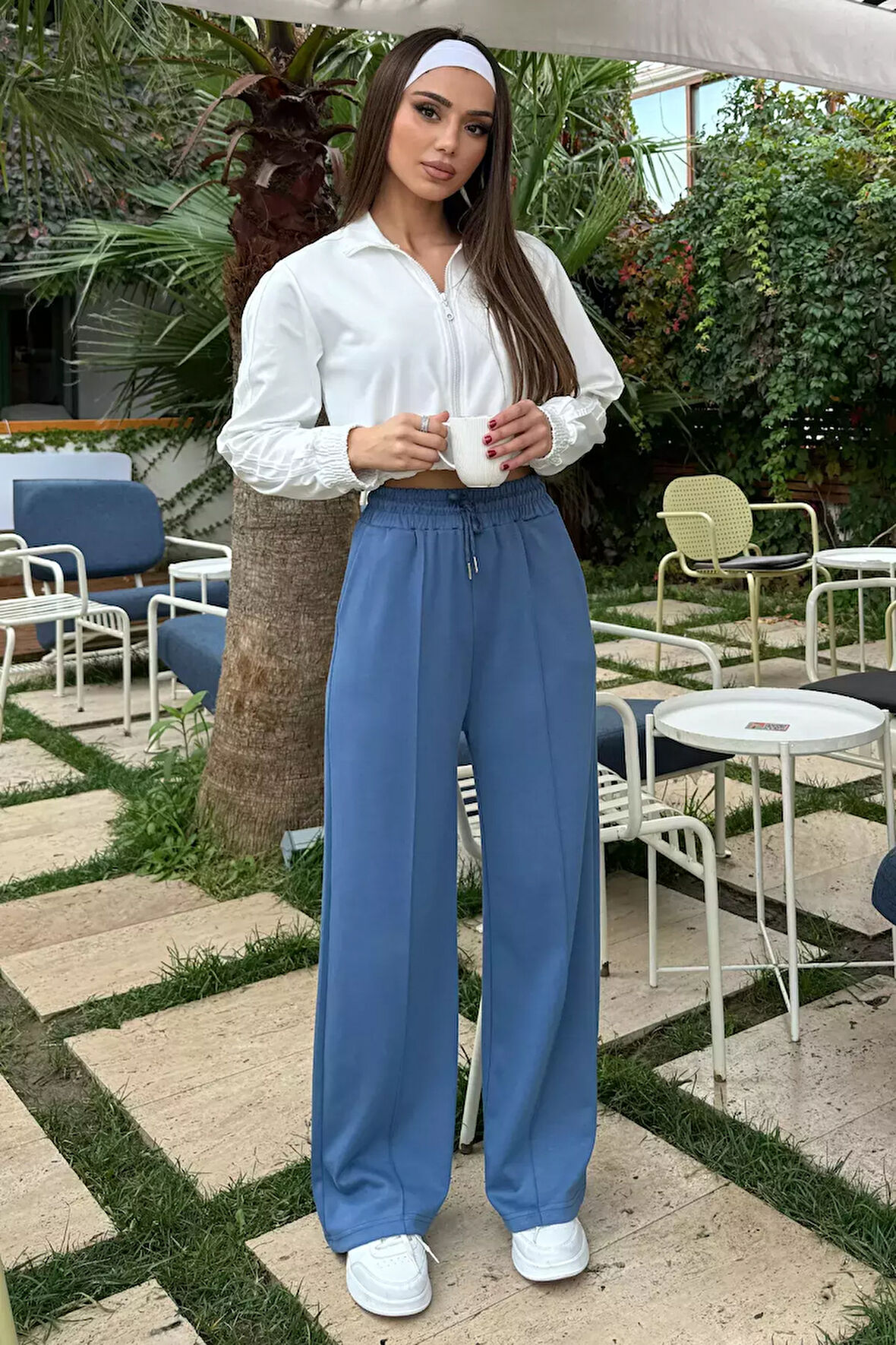 Kadın Yüksek Bel Yazı Baskılı Çimalı Bol Paça Pantolon