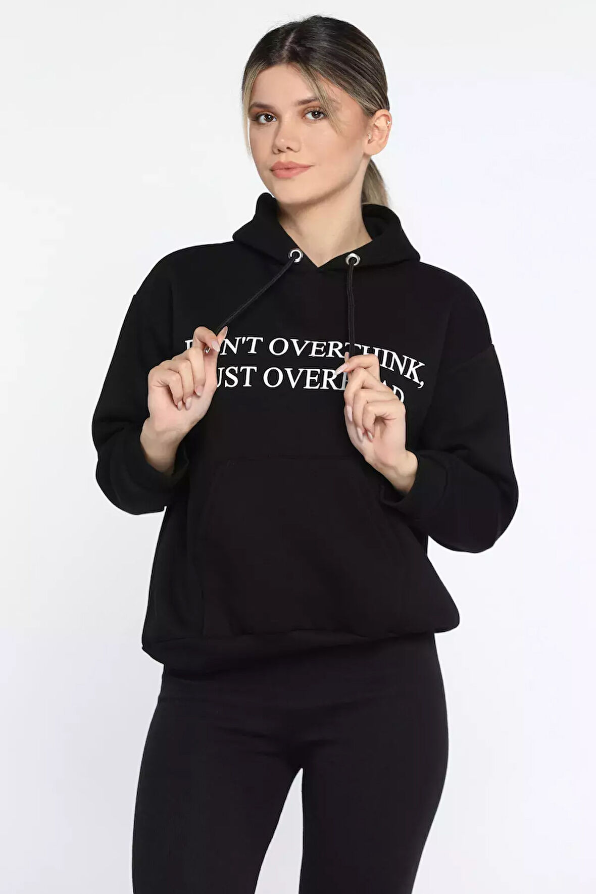 Kapüşonlu Üç İplik Şardonlu Yazı Baskılı Kadın Sweatshirt