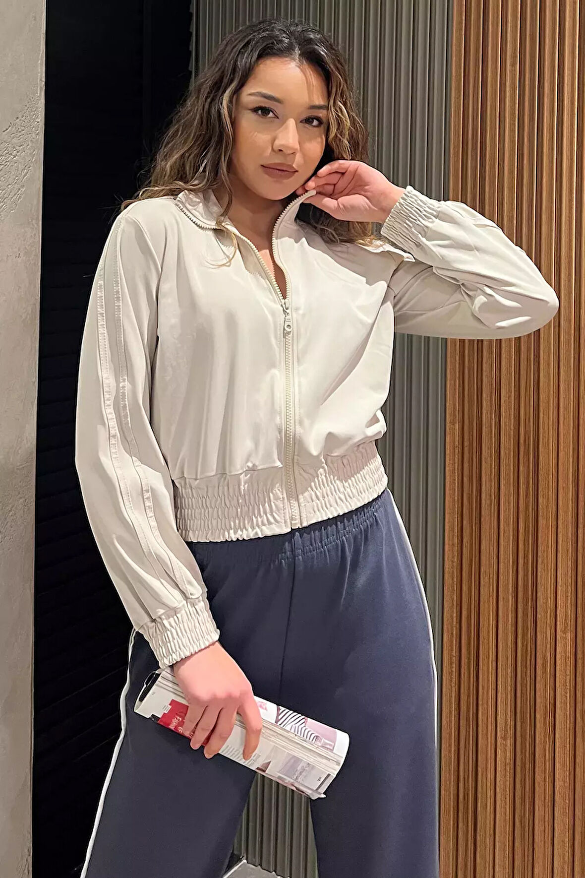 Kadın Kol Şeritli Bel Lastikli Mevsimlik Ceket