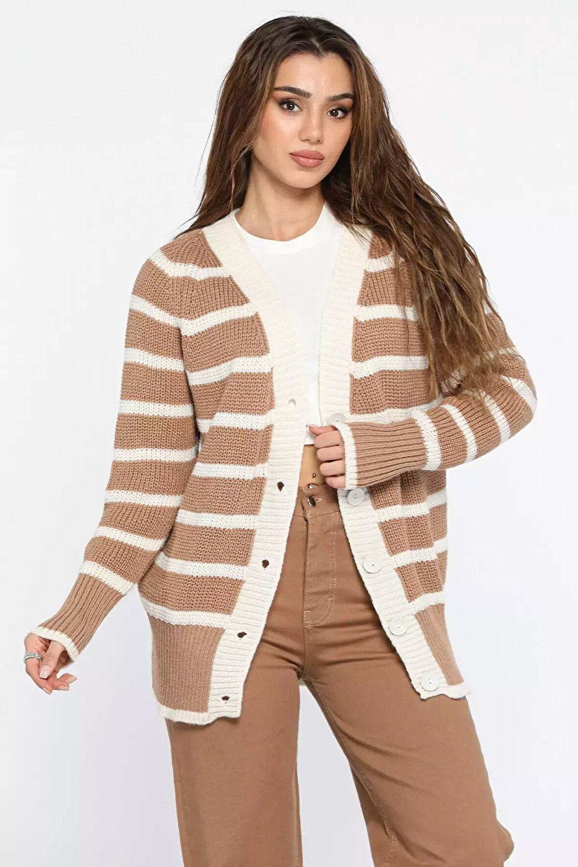 Çizgili Kadın Triko Hırka