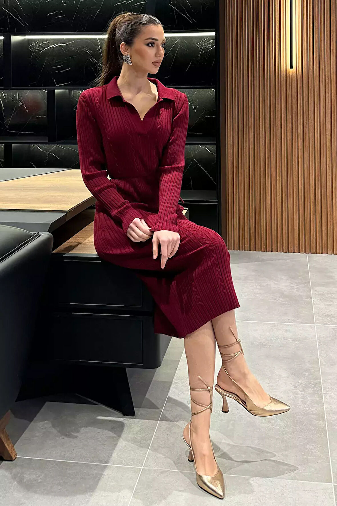 Kadın Polo Yaka Bel Bağlamalı Uzun Triko Elbise