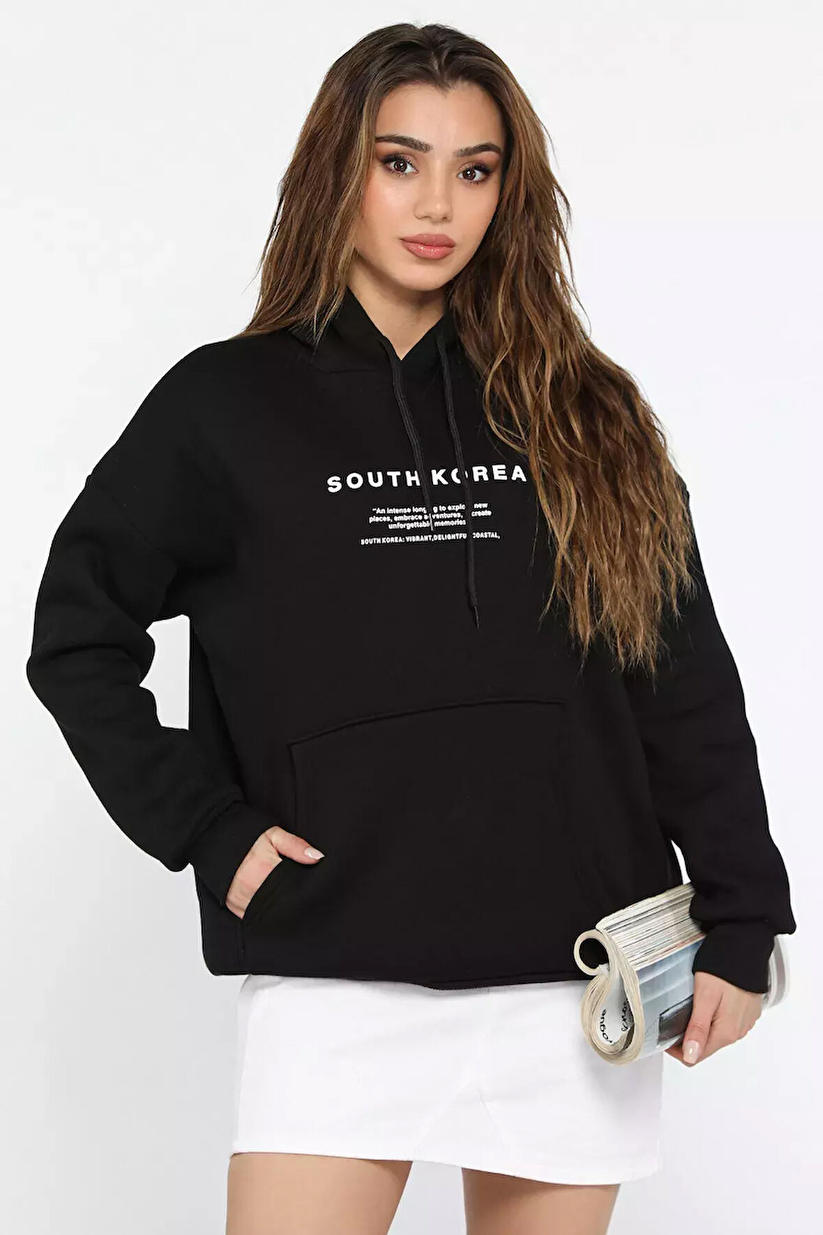 Kapüşonlu Şardonlu Yazı Baskılı Kadın Sweatshirt