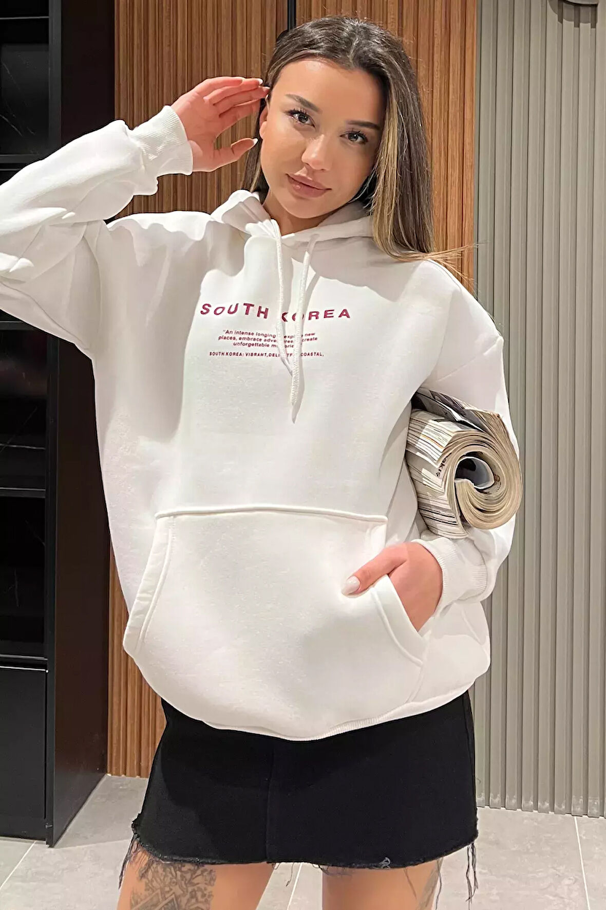 Kapüşonlu Şardonlu Yazı Baskılı Kadın Sweatshirt