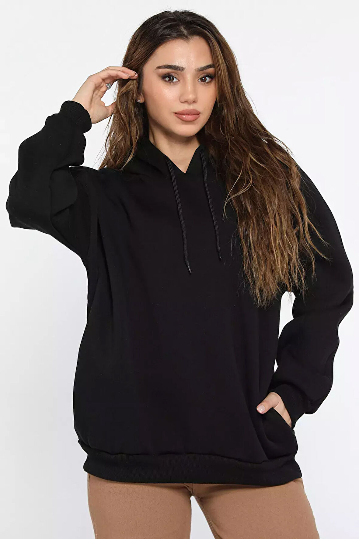 Kadın Kapüşonlu Üç İplik Şardonlu Oversize Sweatshirt