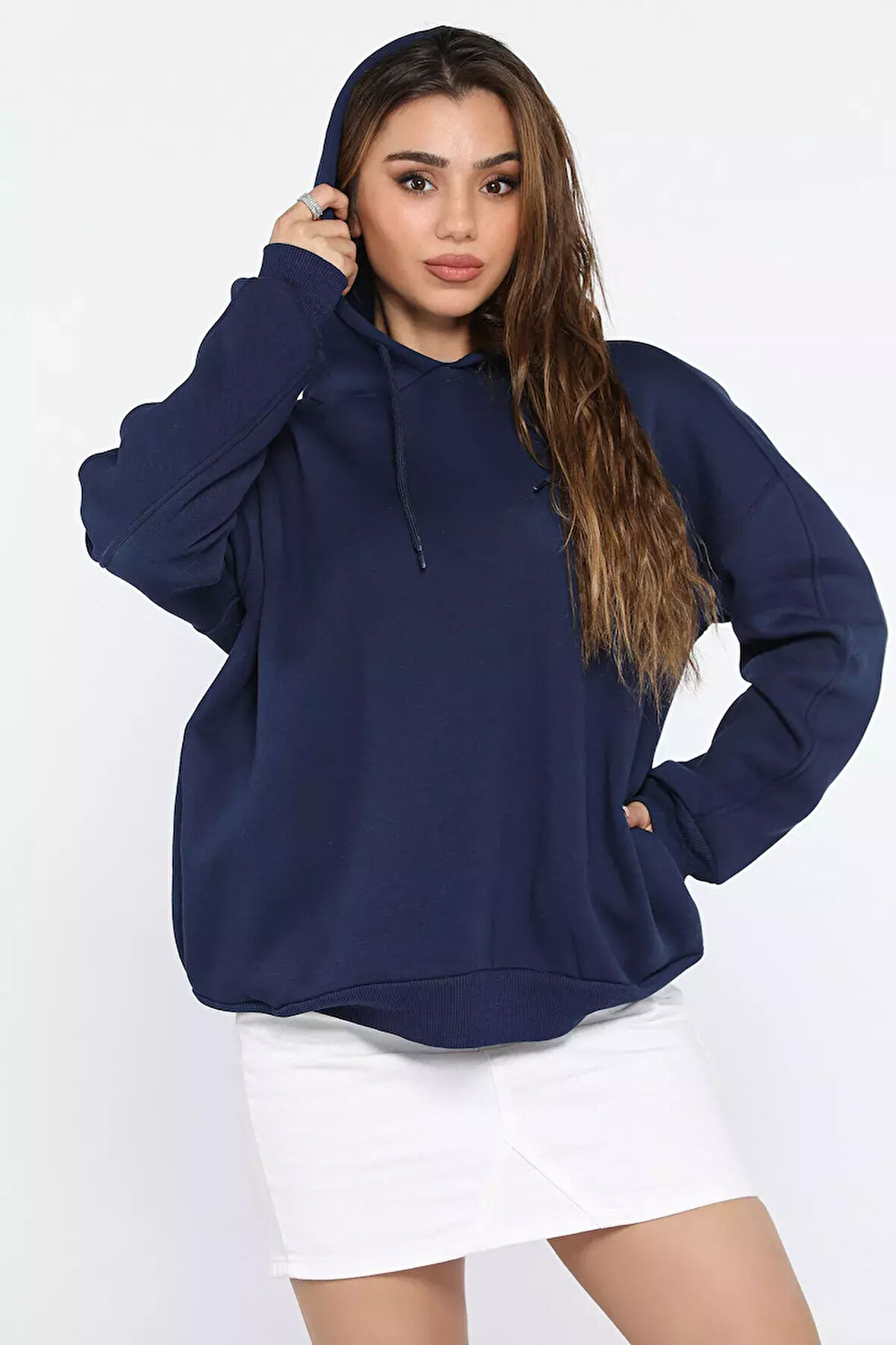 Kadın Kapüşonlu Üç İplik Şardonlu Oversize Sweatshirt