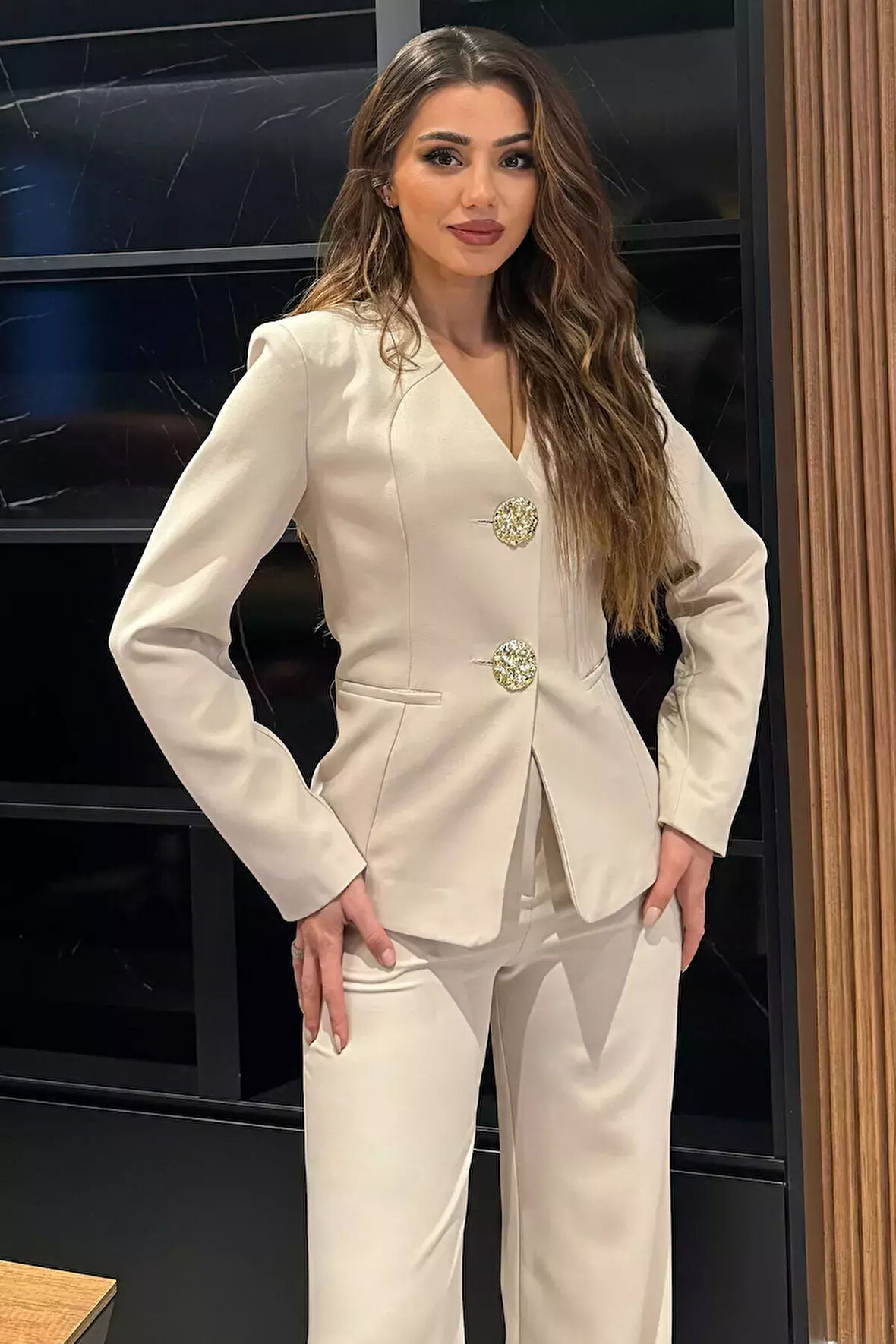 Düğme Detaylı Ceket Pantolon İkili Takım