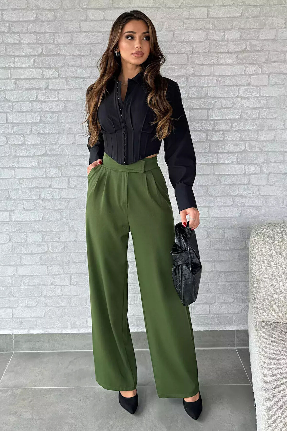 Kadın Yüksek Bel Cırtlı Bol Paça Palazzo Pantolon