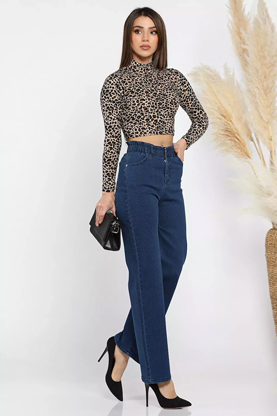 Çift Düğme Detaylı Bol Paça Likralı Kadın Jean Kot Pantolon