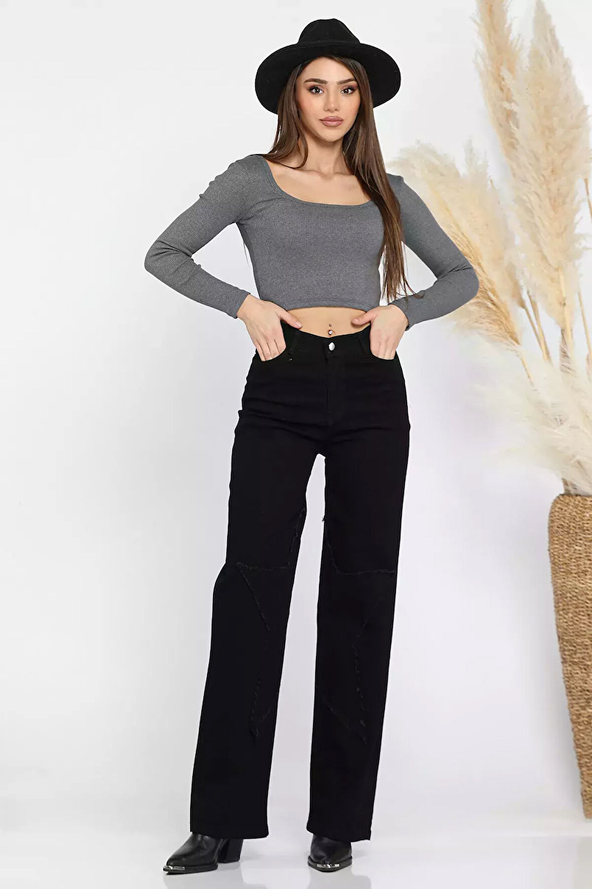 Kadın Yüksek Bel Püskül Detaylı Bol Paça Kot Jean Pantolon