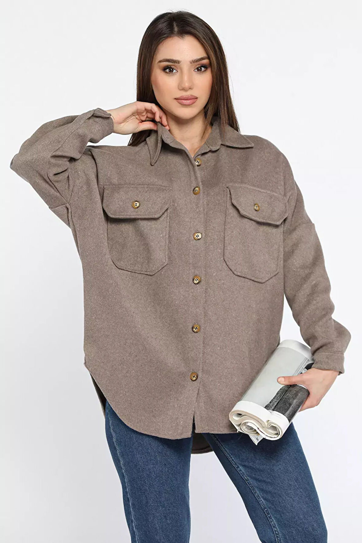 Kadın Oversize Kaşe Gömlek Ceket