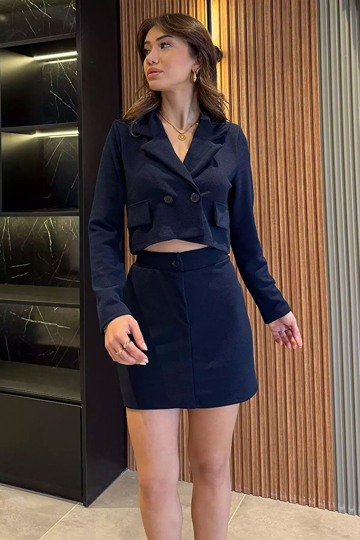 Kadın Crop Top Ceket Etek İkili Takım