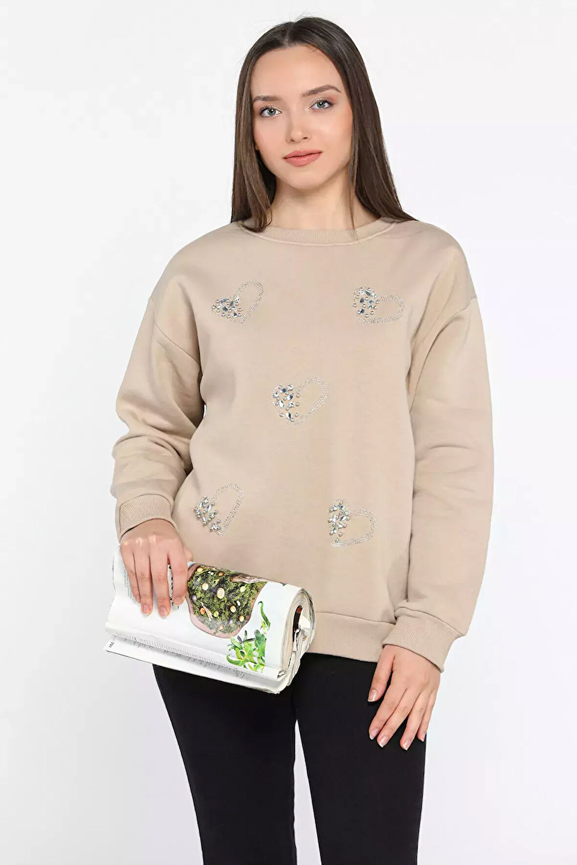 Kadın Bisiklet Yaka Üç İplik Şardonlu Taş İşlemeli Sweatshirt