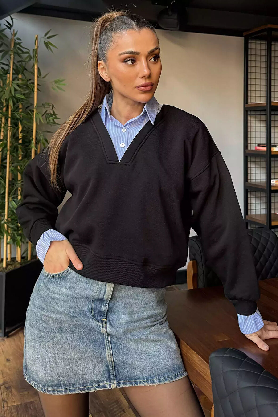 Kadın Üç İplik Şardonlu Gömlek Garnili Sweatshirt