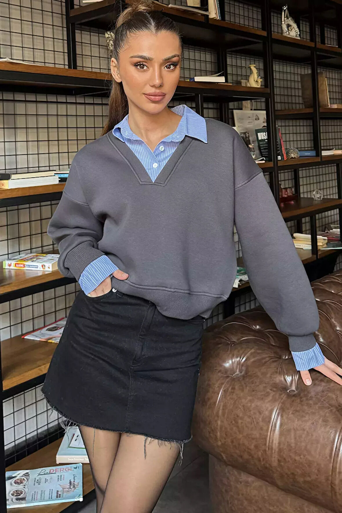 Kadın Üç İplik Şardonlu Gömlek Garnili Sweatshirt