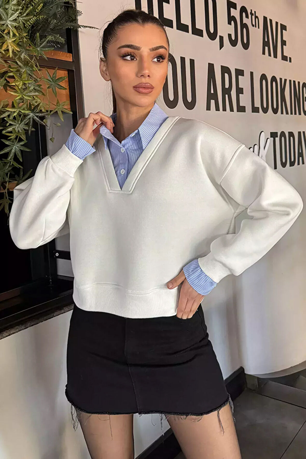 Kadın Üç İplik Şardonlu Gömlek Garnili Sweatshirt