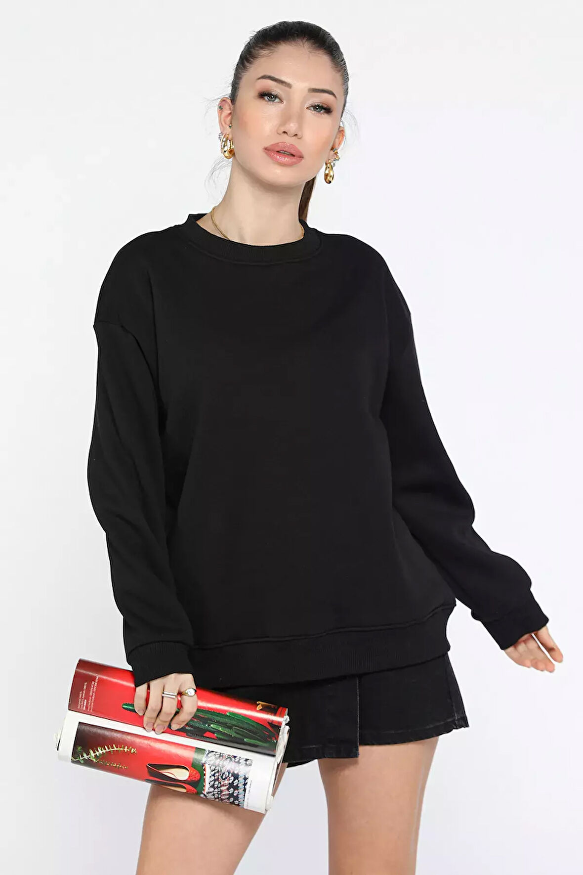 Kadın Üç İplik Şardonlu Bisiklet Yaka Sweatshirt