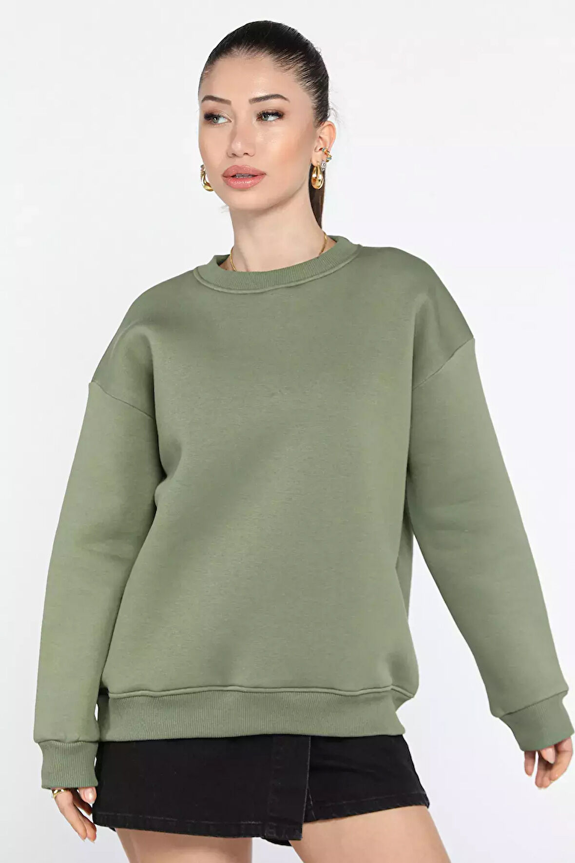 Kadın Üç İplik Şardonlu Bisiklet Yaka Sweatshirt