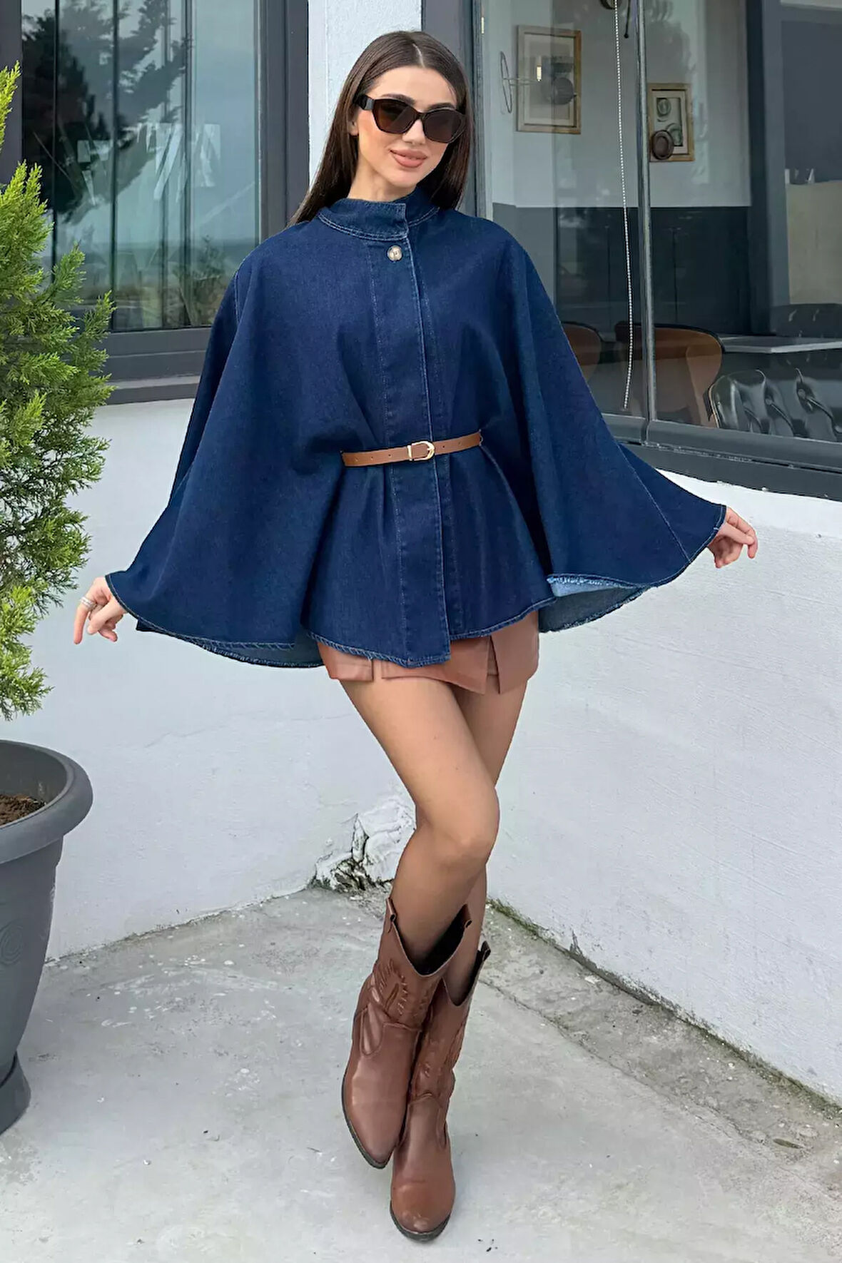 Kadın Kemer Detaylı Jean Kot Panço