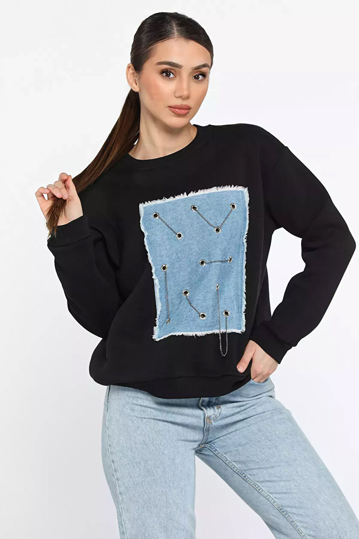 Kadın Bisiklet Yaka Kot Garnili Zincir Detaylı Şardonlu Sweatshirt