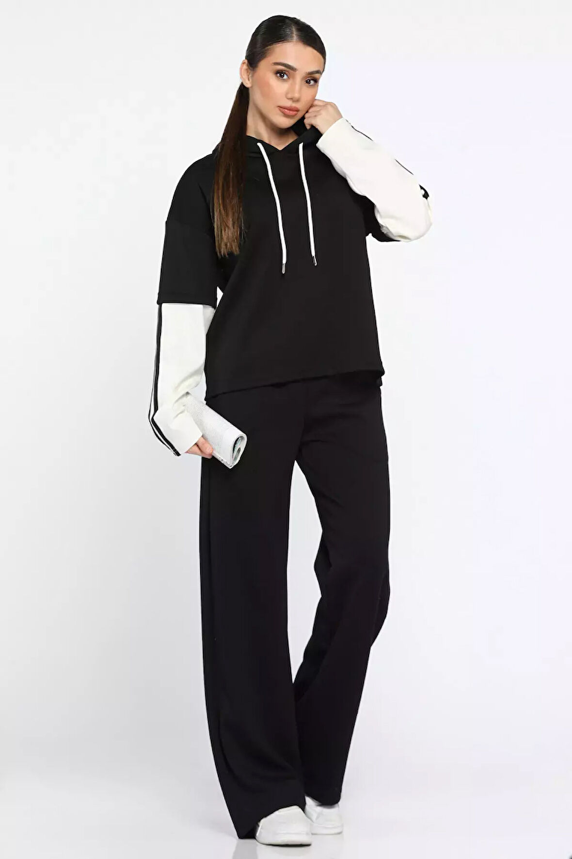 Kadın Kapüşonlu Renk Garnili Eşofman Takımı