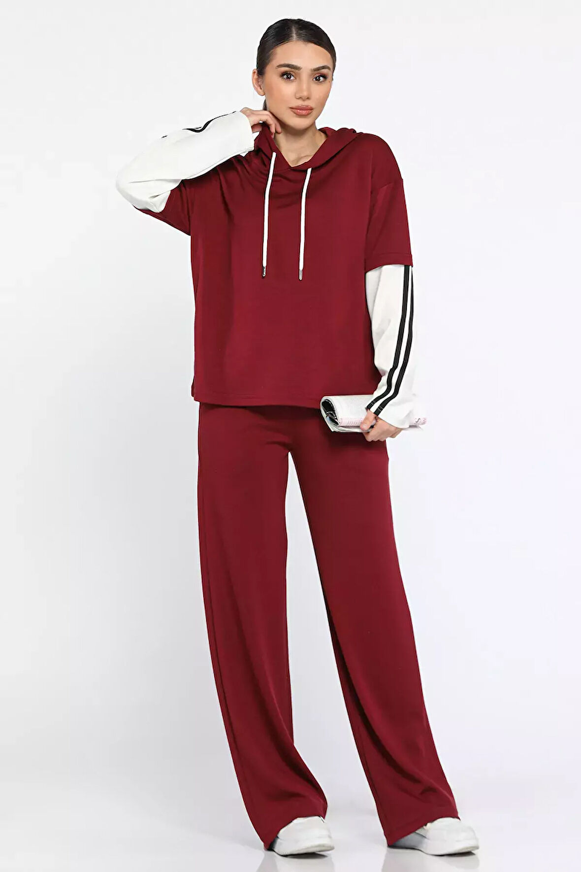 Kadın Kapüşonlu Renk Garnili Eşofman Takımı