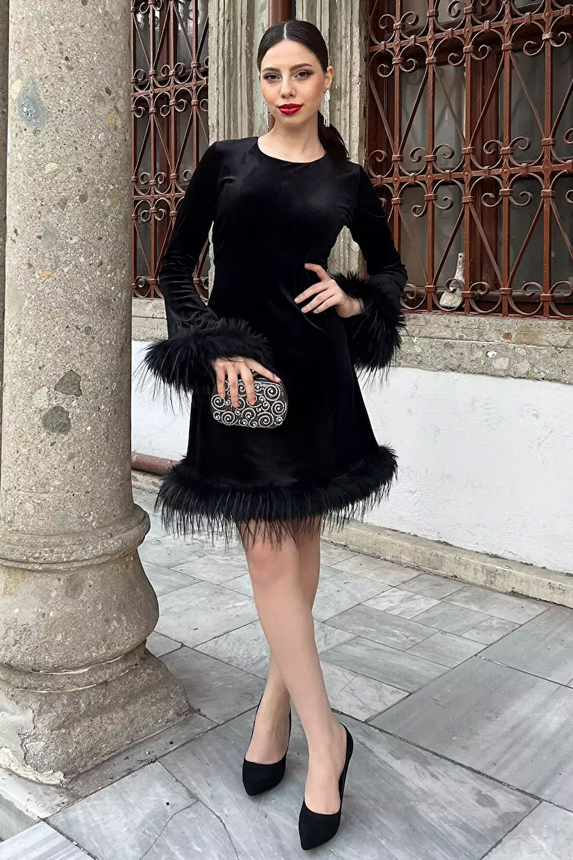 Kadın Tüy Detaylı Kloş Mini Elbise