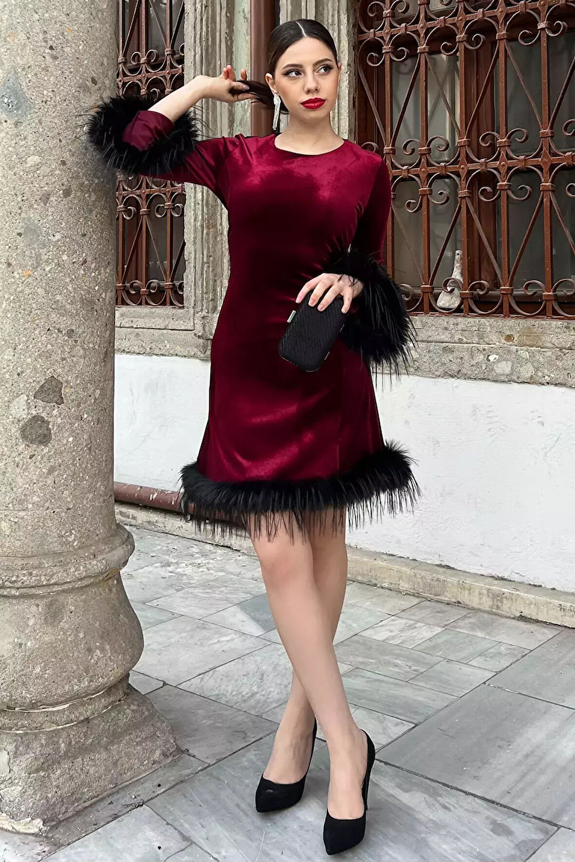 Kadın Tüy Detaylı Kloş Mini Elbise