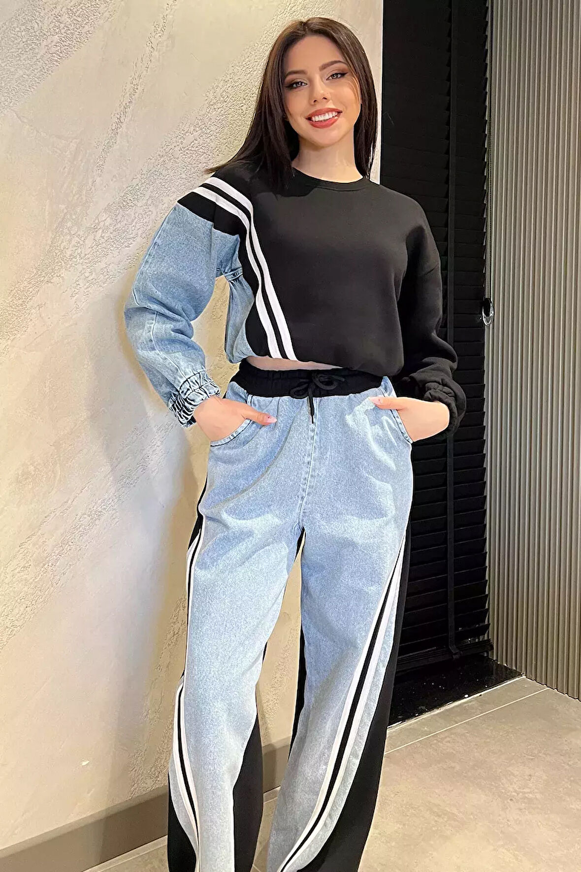 Kadın Kot Garnili Şardonlu Sweat Pantolon İkili Takım