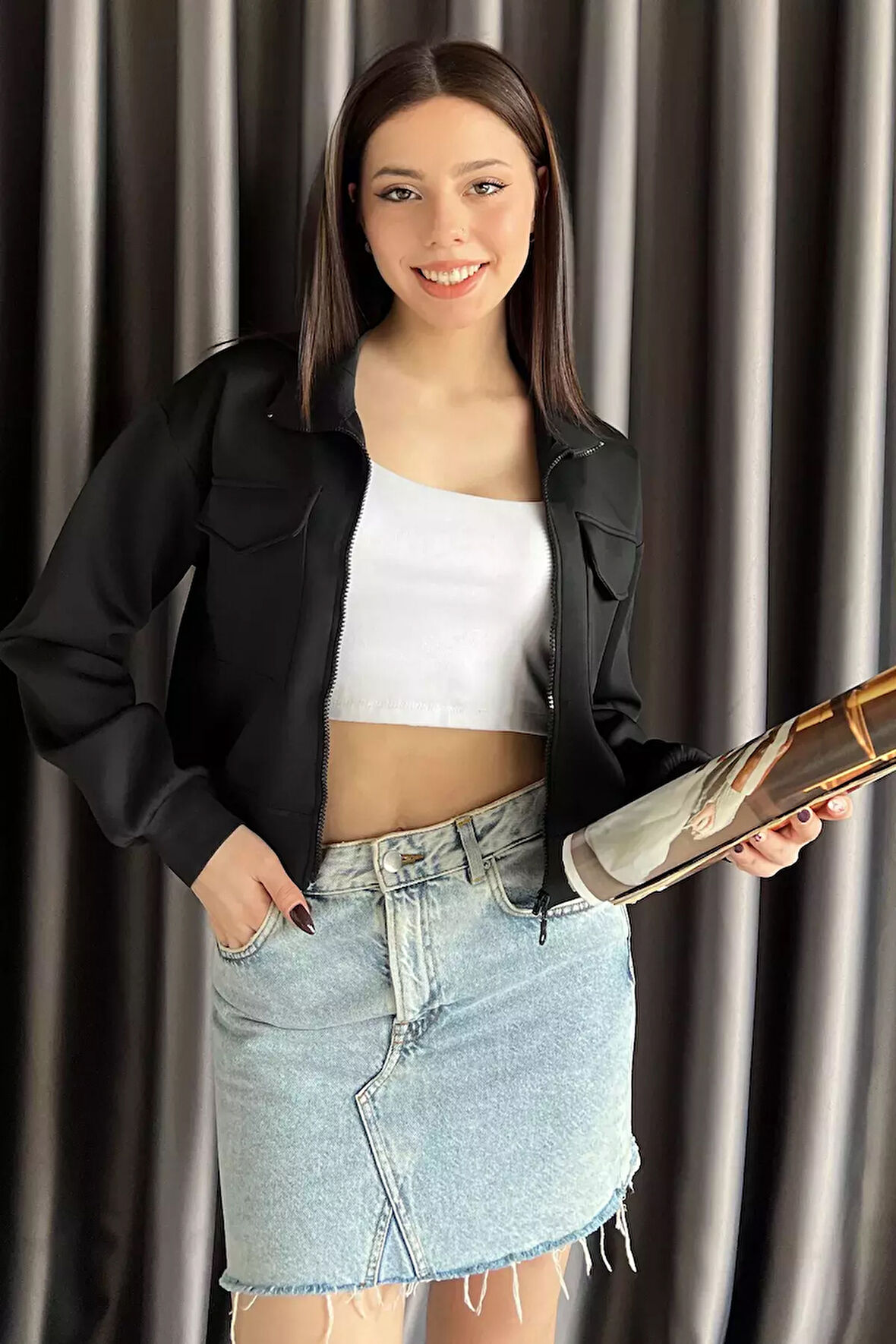 Kadın Scuba Kumaş Fermuarlı Çift Cepli Hırka