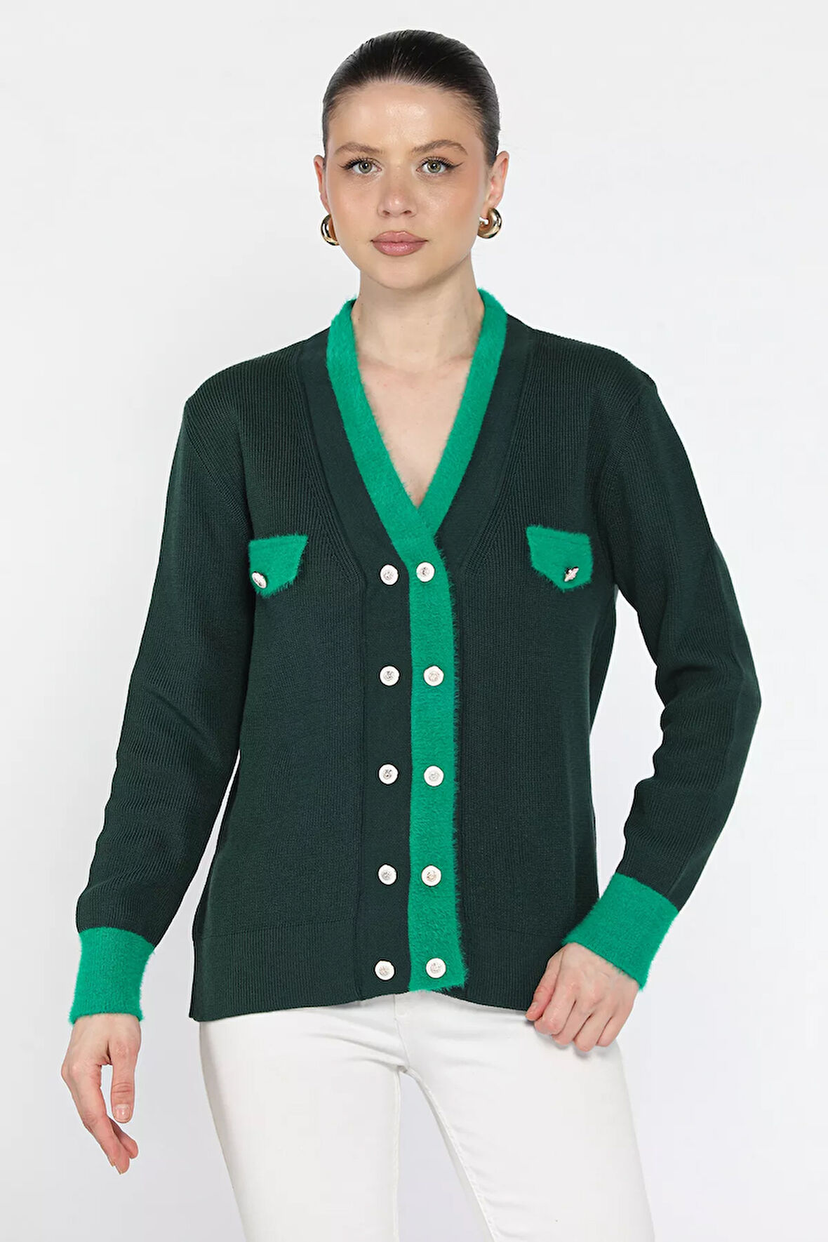 Kruvaze Yaka Düğme Detaylı Kadın Triko Hırka