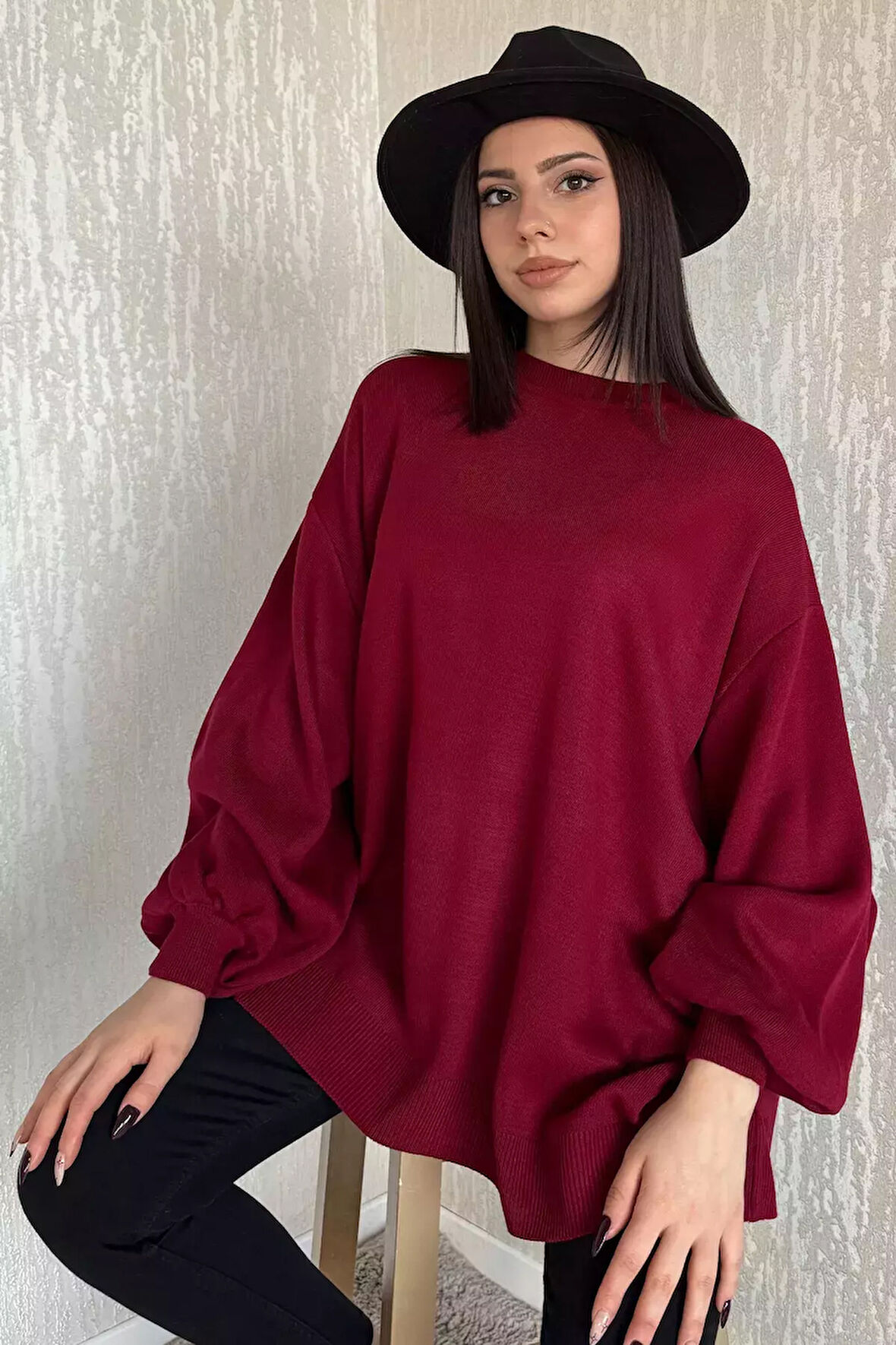 Kadın Oversize Balon Kol Triko Kazak