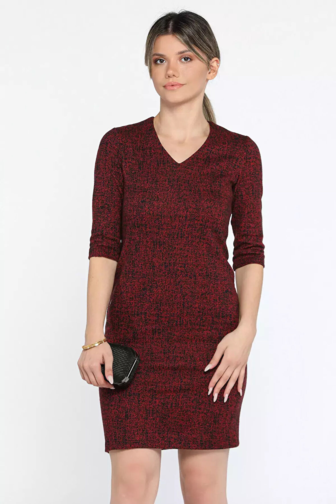 Kendinden Desenli V Yaka Elbise