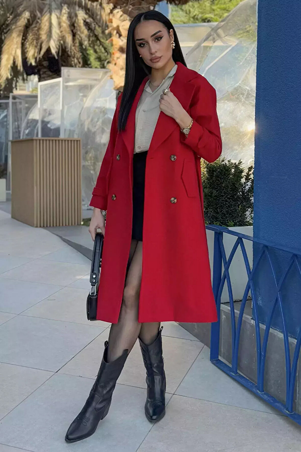 Kadın Kruvaze Yaka Kaşe Kaban