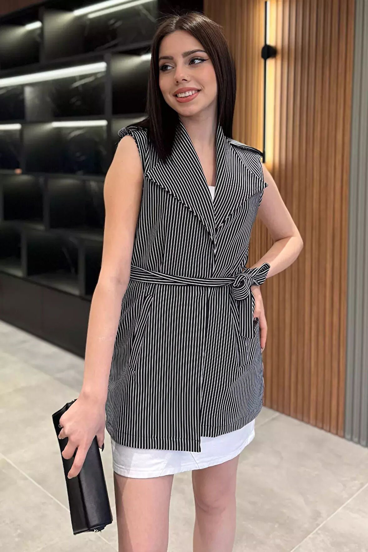 Kadın Çizgili Omuz Apoletli Bel Kuşaklı Yelek