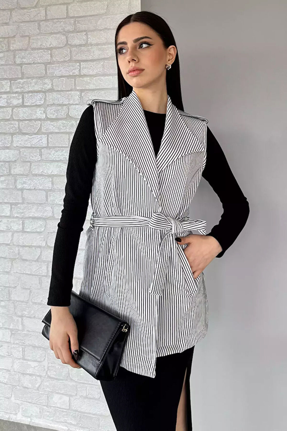 Kadın Çizgili Omuz Apoletli Bel Kuşaklı Yelek