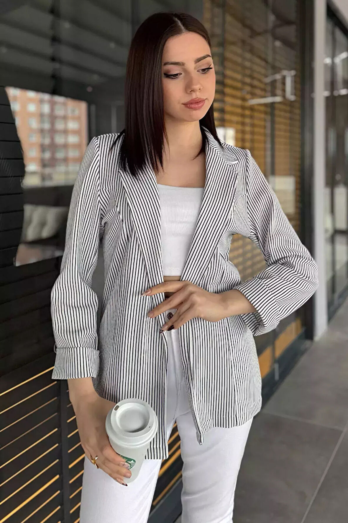 Kadın Çizgili Duble Kol Blazer Ceket