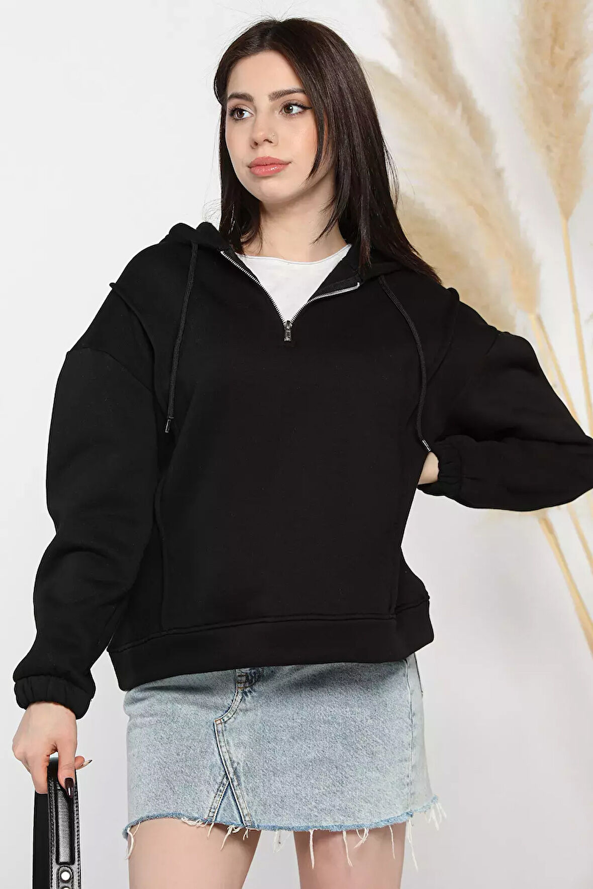 Yarım Fermuarlı Üç İplik Şardonlu Kadın Sweatshirt