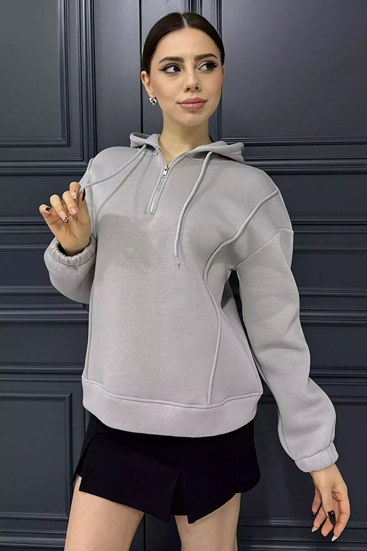 Yarım Fermuarlı Üç İplik Şardonlu Kadın Sweatshirt