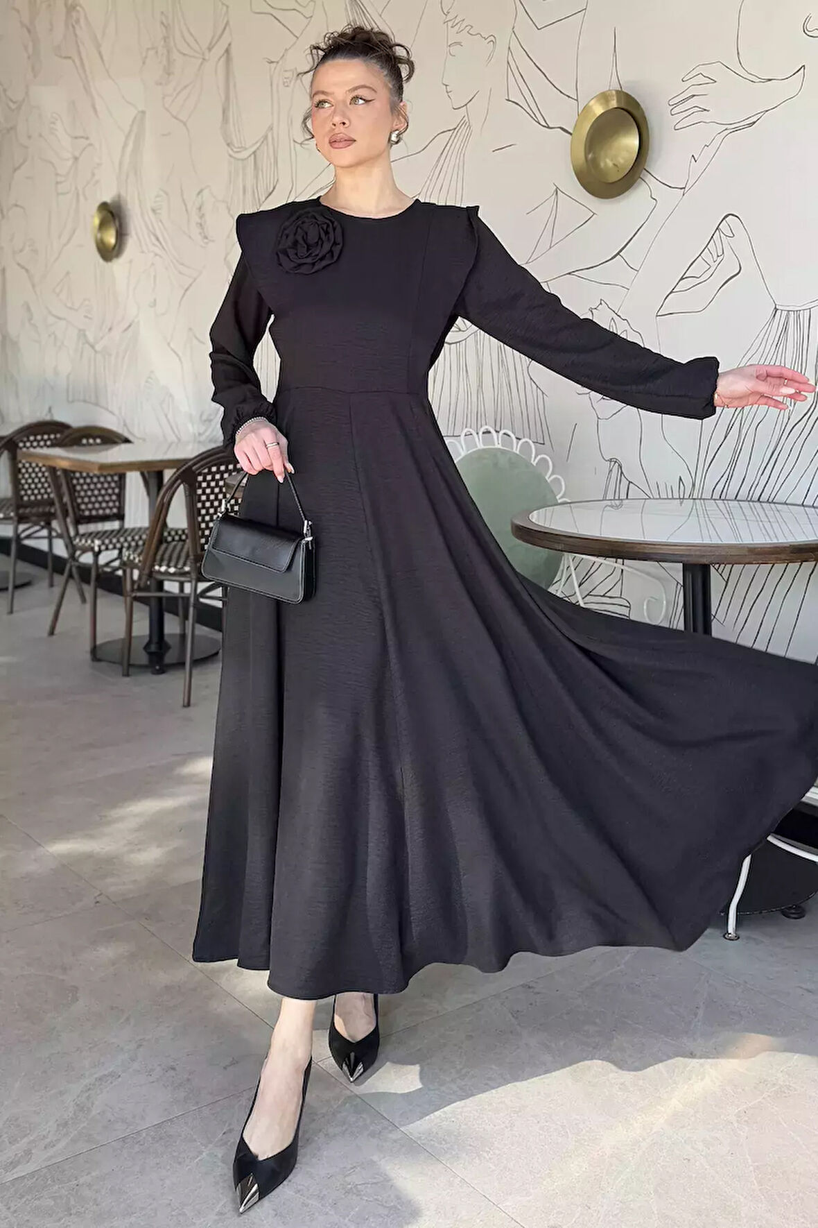 Gül Detaylı Kadın Kloş Elbise