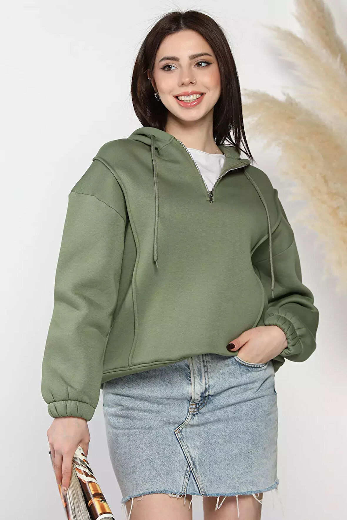 Yarım Fermuarlı Üç İplik Şardonlu Kadın Sweatshirt