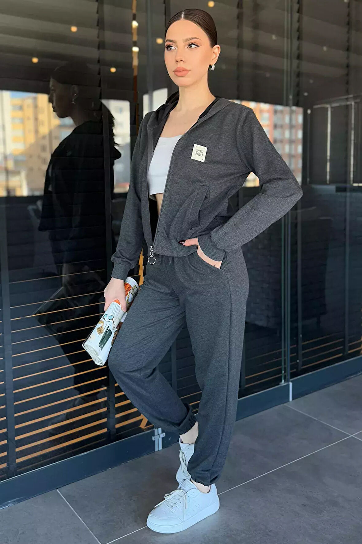 Kadın Kapüşonlu Fermuarlı Sweat Pantolon Eşofman Takımı