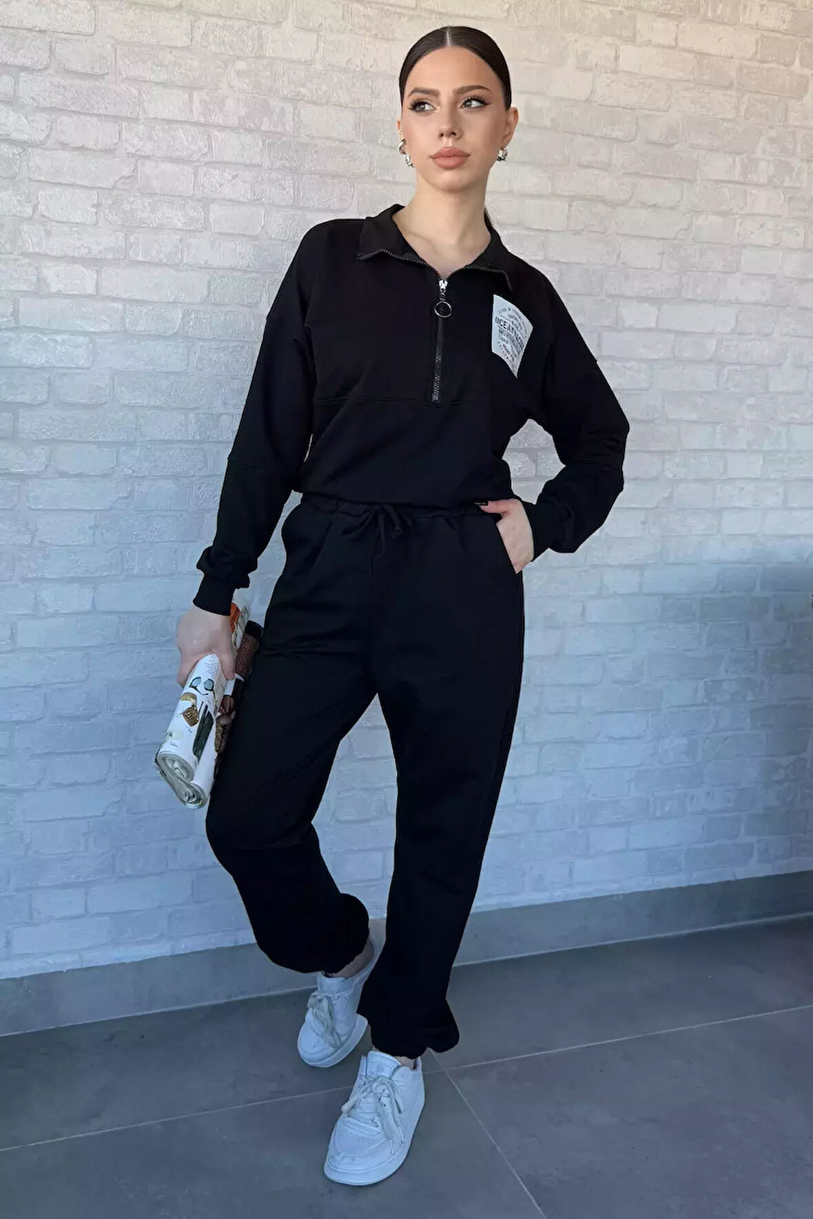 Kadın Dik Yaka Yarım Fermuarlı Sweat Pantolon Eşofman Takımı