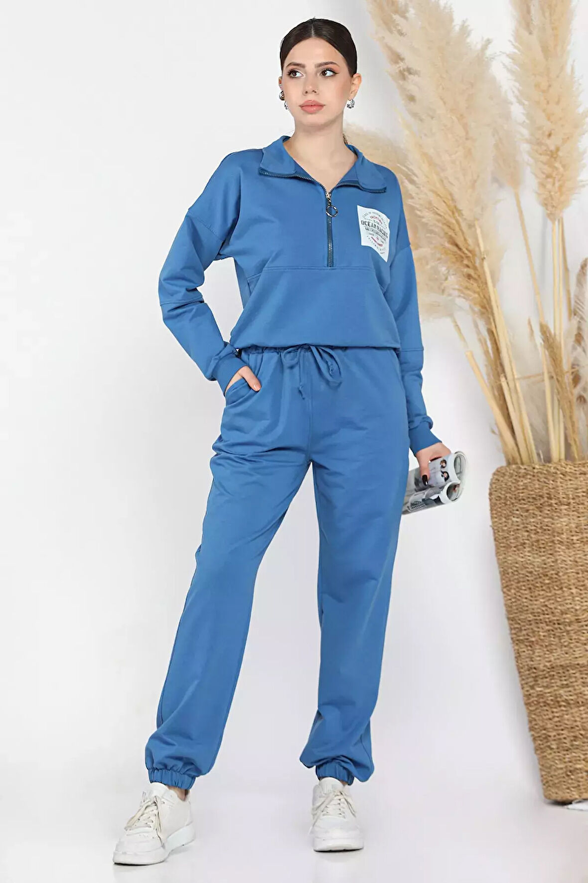 Kadın Dik Yaka Yarım Fermuarlı Sweat Pantolon Eşofman Takımı
