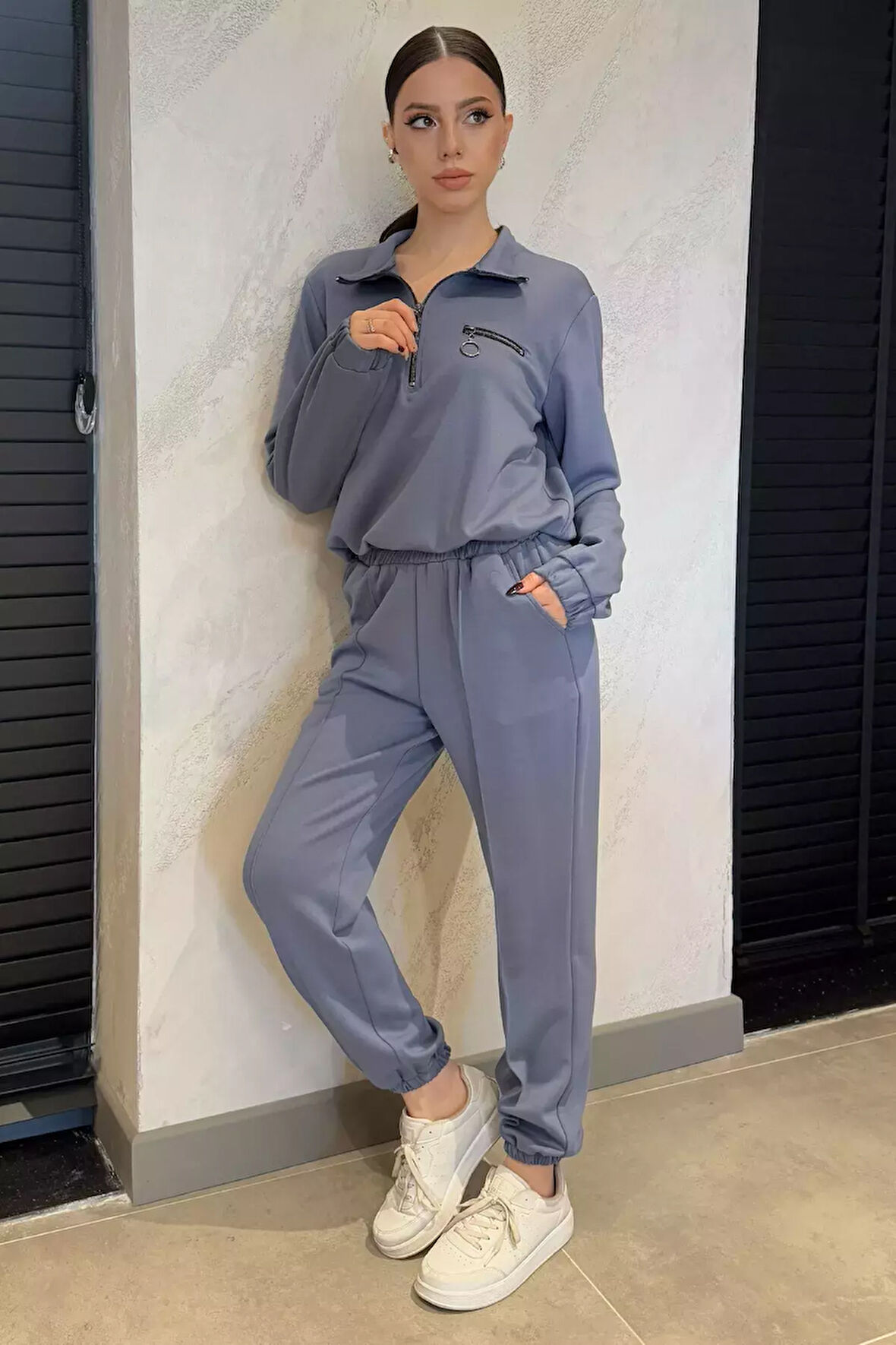 Kadın Dik Yaka Yarım Fermuar Detaylı Sweat Pantolon Eşofman Takımı