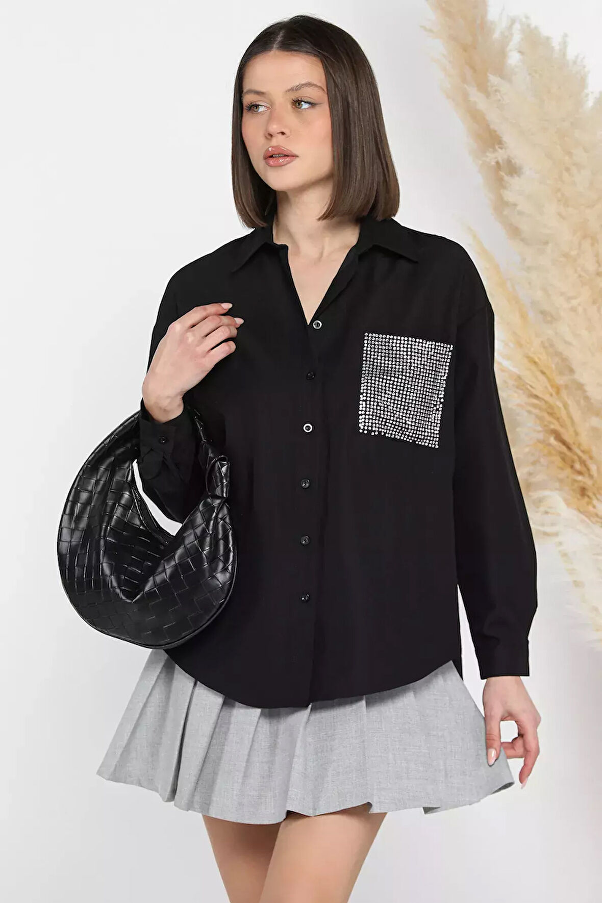 Taş İşlemeli Oversize Kadın Gömlek