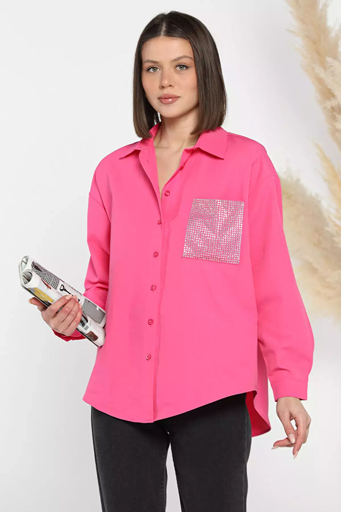 Taş İşlemeli Oversize Kadın Gömlek
