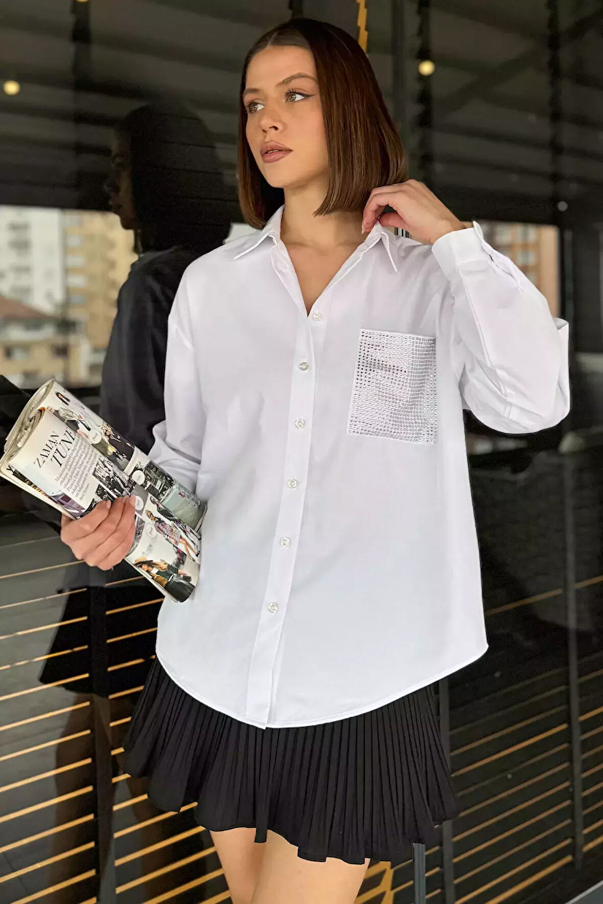 Taş İşlemeli Oversize Kadın Gömlek