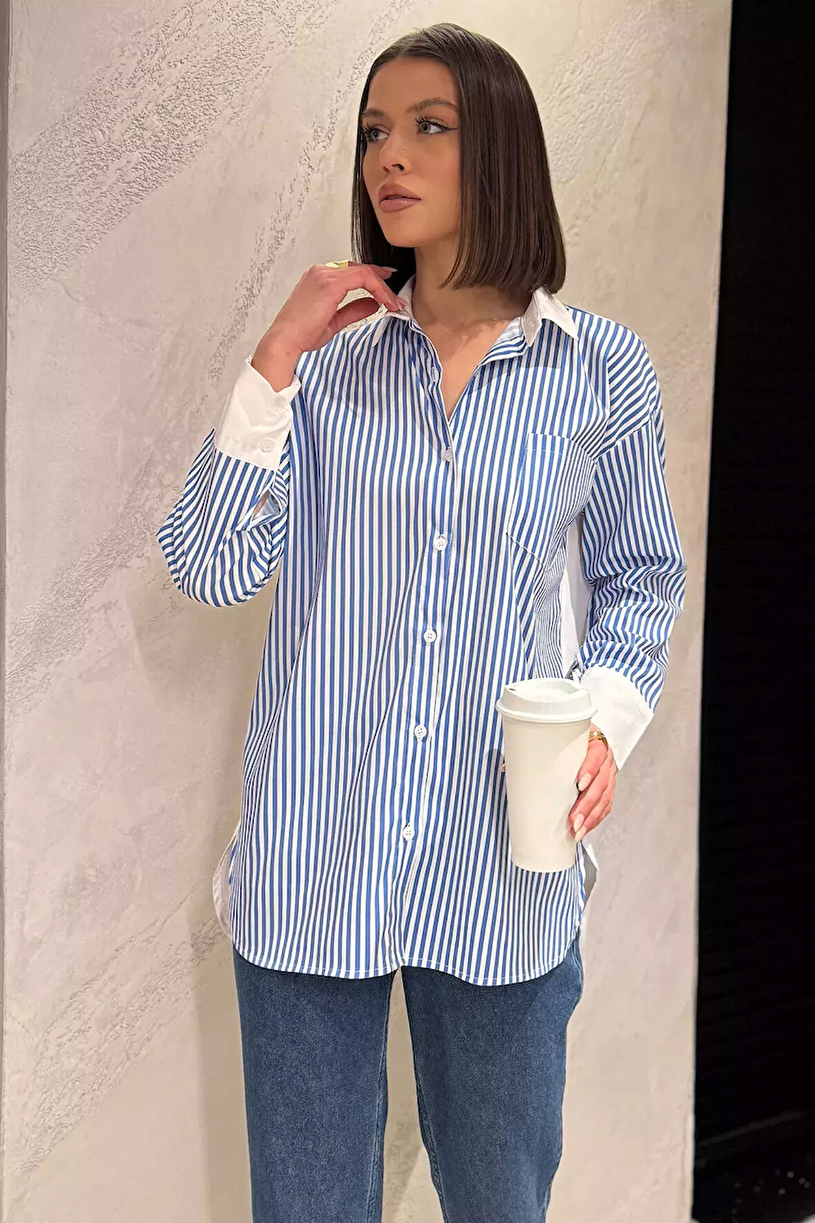 Çizgili Oversize Kadın Gömlek